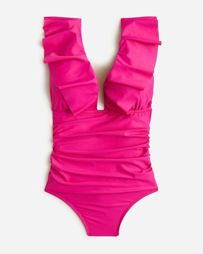 J.Crew Long-Torso Ruched Ruffle One-Piece Swimsuit - Pink