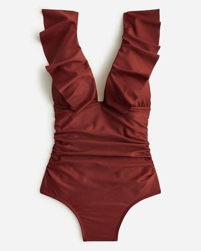 J.Crew Ruched Ruffle One-Piece Swimsuit - Red
