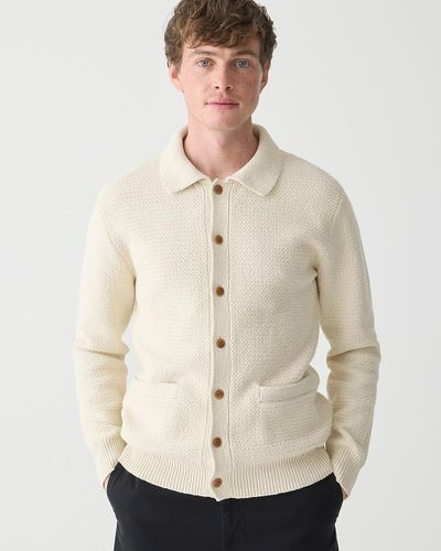 J.Crew Cotton Tuck-Stitch Cardigan-Polo Sweater - Natural