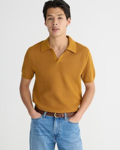 J.Crew Short-Sleeve Cotton Mesh-Stitch Johnny-Collar Sweater-Polo - Yellow