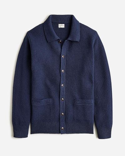 J.Crew Cotton Tuck-Stitch Cardigan-Polo Sweater - Blue