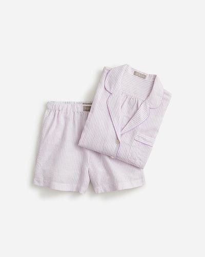 J.Crew Long-sleeve Pajama Short Set In Striped Linen-cotton Blend - Purple