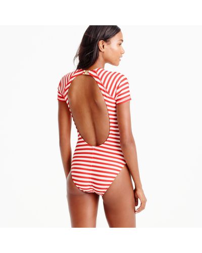 J Crew Synthetic Open Back Short Sleeve Swimsuit In Classic Stripe In Red Lyst