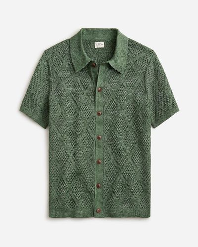 J.Crew Short-Sleeve Linen Diamond-Stitch Sweater-Polo - Green