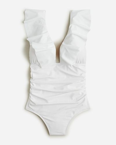 J.Crew Long-Torso Ruched Ruffle One-Piece Swimsuit - White