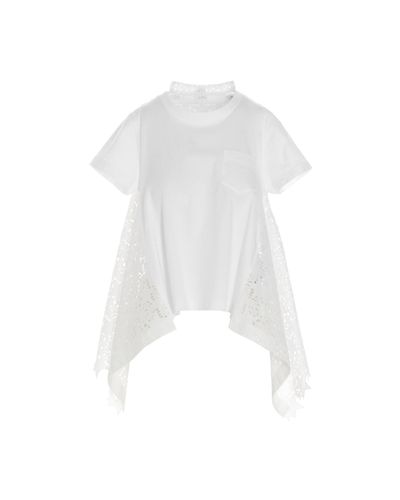 Sacai Cotton Asymmetric Lace Insert T-shirt in White - Lyst