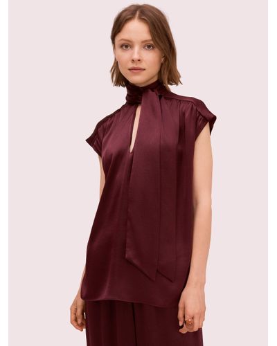 Kate Spade Satin Tie Neck Top in Red - Lyst