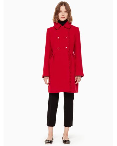 Kate Spade Wool Ruffle Trim Bow Back, Red Pea Coat With Bow