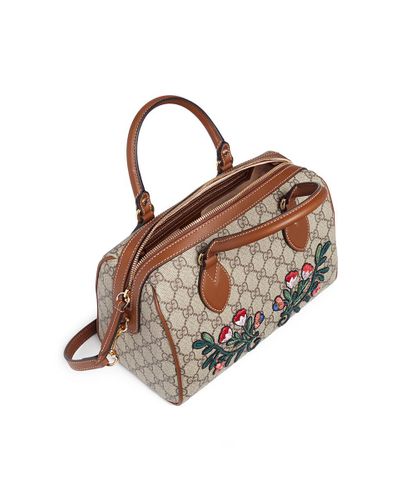 Gucci Canvas 'linea A' Small Floral Embroidered Gg Supreme Boston Bag | Lyst
