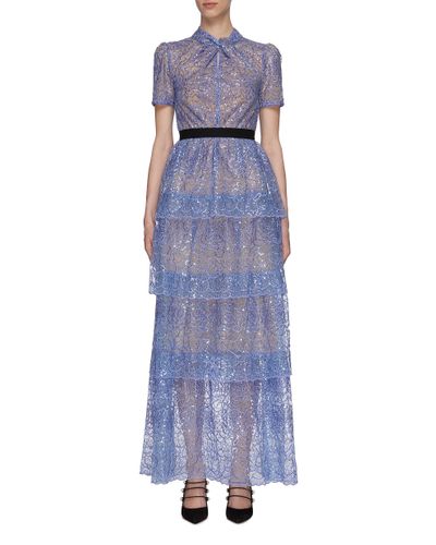 Self-Portrait Sequin Embellished Floral Lace Tier Maxi Dress in Blue - Lyst