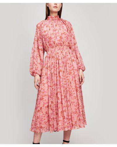 Neck Chiffon Midi Dress in Floral (Pink ...