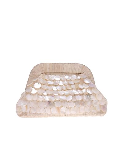 Kayu Lila Shell Embellished Straw Clutch in White | Lyst