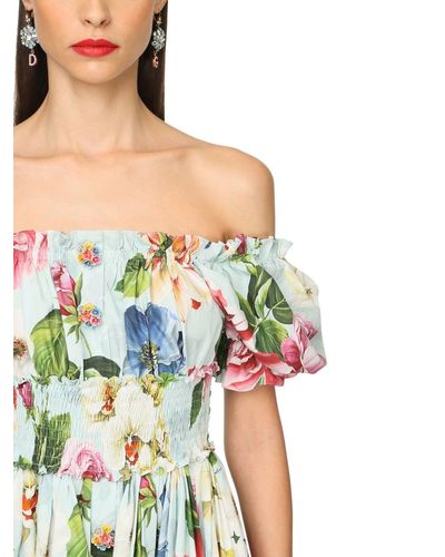 Dolce & Gabbana Flower Print Cotton Poplin Mini Dress - Lyst