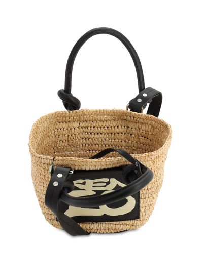 KENZO Mini Raffia & Faux Leather Bucket Bag in Natural - Lyst