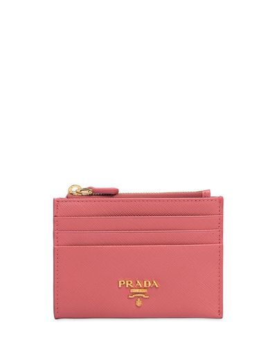 Prada Saffiano Leather Zip Card Holder in Pink | Lyst