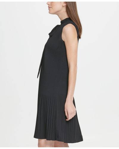 dkny long sleeve tie neck pleated shift dress