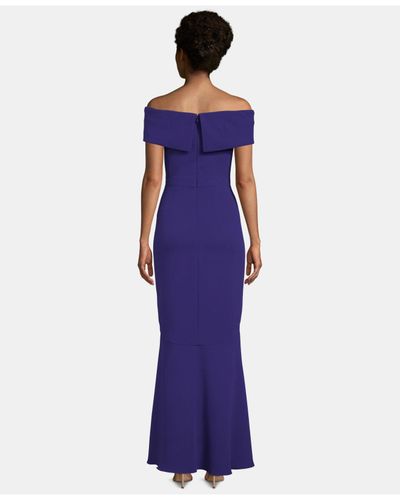xscape ruffle off the shoulder gown