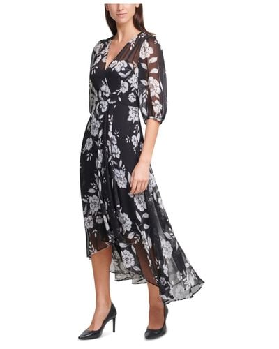 Calvin Klein Floral-print Chiffon Maxi Dress in Black/Cream (Black) - Lyst