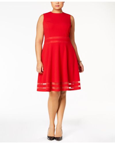 Calvin klein plus size illusion inset fit flare dress Calvin Klein Synthetic Plus Size Illusion Trim Fit Flare Dress In Red Lyst