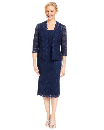 Alex Evenings Sleeveless Sequin Lace Sheath And Jacket in Navy (Blue ...