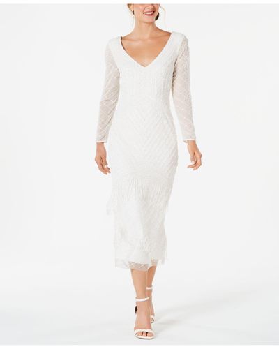 Adrianna Papell Synthetic V-neck Beaded Fringe Dress in Ivory (White) - Lyst