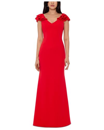 Betsy & Adam Synthetic Ruffled-shoulder Gown in Red - Lyst