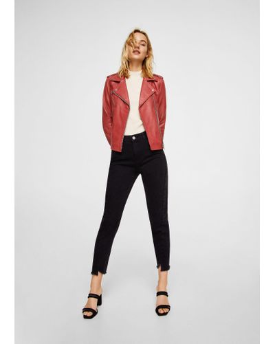 Mango Leather Biker Jacket in Coral Red (Red) - Lyst