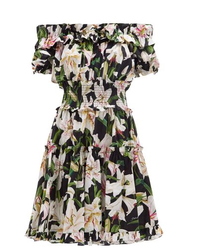 Dolce & Gabbana Printed Off Shoulder Cotton Poplin Dress in Floral 