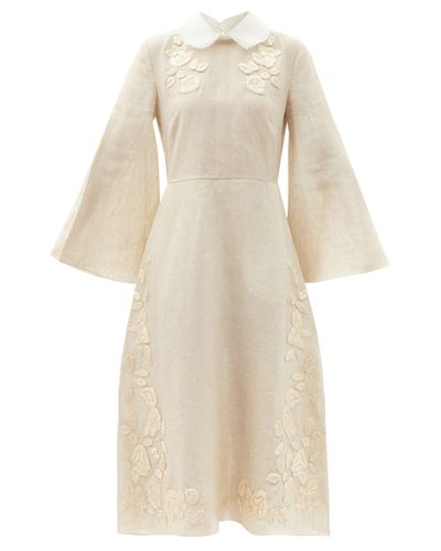 Fendi Floral-appliquÃ© Linen Midi Dress in Beige (Natural) - Lyst