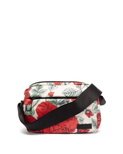 Ganni Rose-print Recycled-shell Cross-body Bag in Red | Lyst