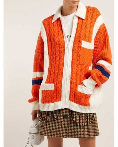 Miu Miu Intarsia-stripe And Cable-knit Wool Cardigan in Orange - Lyst