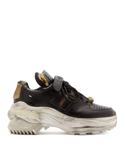 Maison Margiela Retro Fit Distressed Leather Trainers in Black - Lyst