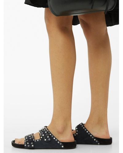 Isabel Marant Leather Lennyo Double Strap Eyelet Suede Slides in Black - Lyst