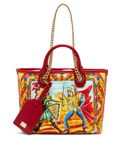 Dolce & Gabbana Capri Small Tile-print Canvas Tote Bag in Red - Lyst