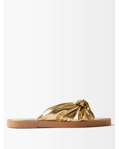Jimmy Choo Tropica Knotted LamÃ©-leather Slides in Gold (Metallic) | Lyst