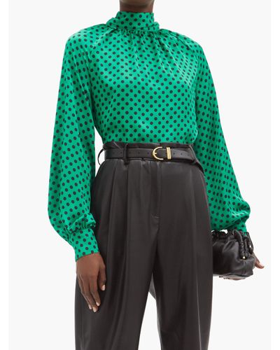 MSGM High-neck Polka-dot Crepe Blouse in Green - Lyst