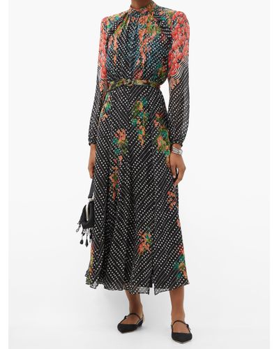 Saloni Jacqui B Coral Blossom-print Silk Midi Dress in Black - Lyst