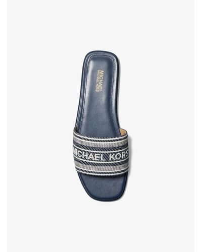Michael Kors Cotton Sadler Striped Logo Jacquard Slide Sandal in Navy