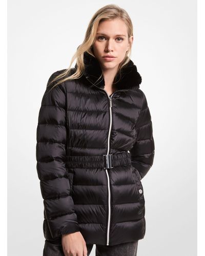 Michael Kors Synthetic Faux Fur Trim, Black Faux Fur Hooded Belted Puffer Coat