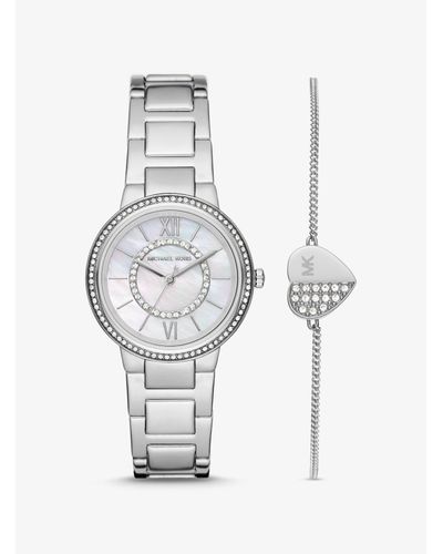 Michael Kors Mini Gabbi Pavé Silver-tone Watch And Heart Bracelet 