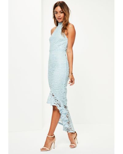 Missguided Blue Lace High Neck Fishtail Midi Dress - Lyst