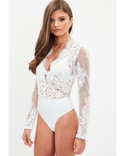 white plunge bodysuit long sleeve