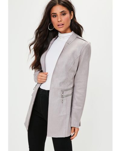 Missguided Grey Collarless Zip Faux Suede Jacket in Gray - Lyst