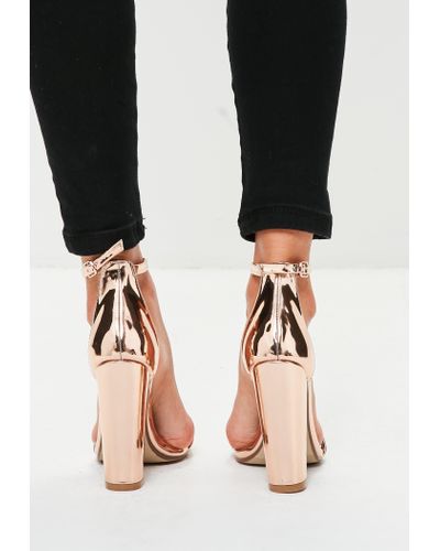 gold barely there block heels