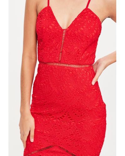 red lace ladder detail frill hem bodycon dress