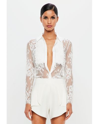 Missguided Peace + Love White Lace Trim Shirt - Lyst