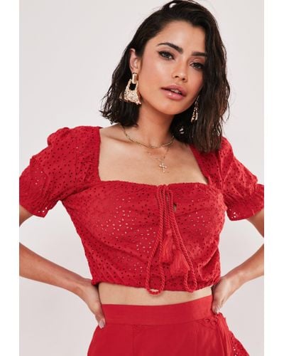 Missguided Cotton Red Broderie Anglaise Crop Top - Lyst