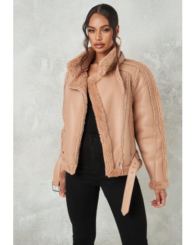 Missguided Brown Borg Teddy Belted Aviator Jacket - Lyst