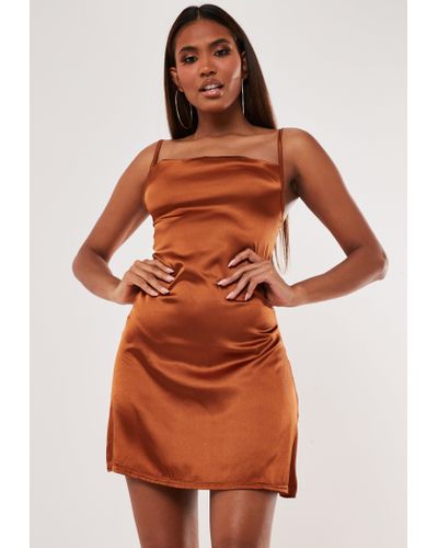 rust satin cowl neck dress