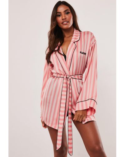 Missguided Playboy X Pink Candy Stripe Satin Dressing Gown - Lyst